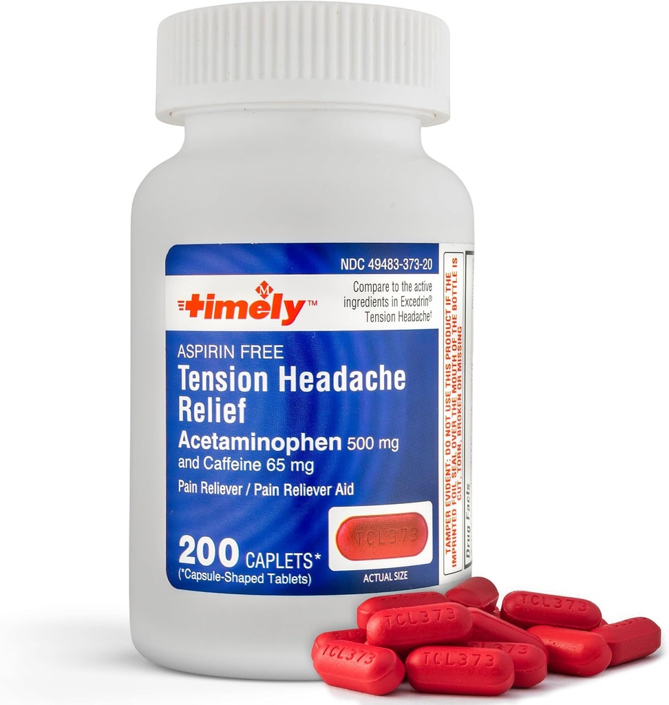 Tidlig - 200 Caplets - Tension hodepine og smerter Reliever med acetaminophen 500 mg og koffein 65 mg ekstra styrke for hode, hals, skulder og kroppssmerter Reliever, aspirin gratis - laget i USA