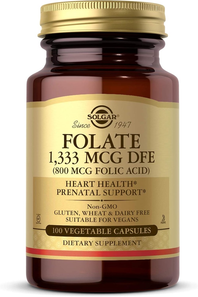 Solgar Folat 1,333 mikrog Dietary Folate Ekvivalent (800 mg folsyre), 100 Grønnsaker Kapsler - hjertehelse, sunne nervesystem, prenatal støtte - ikke-GMO, Vegan, Glutenfri - 100 Services