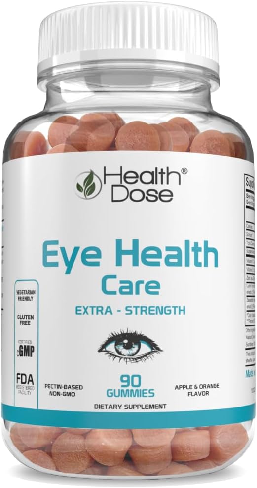 Helse Dose Eye Health Care vitaminer med lutein Zeaxanthin støtte Øye Strain, tørre øyne og visuel ytelse Apple & Orange Flavor 90 Gummies.