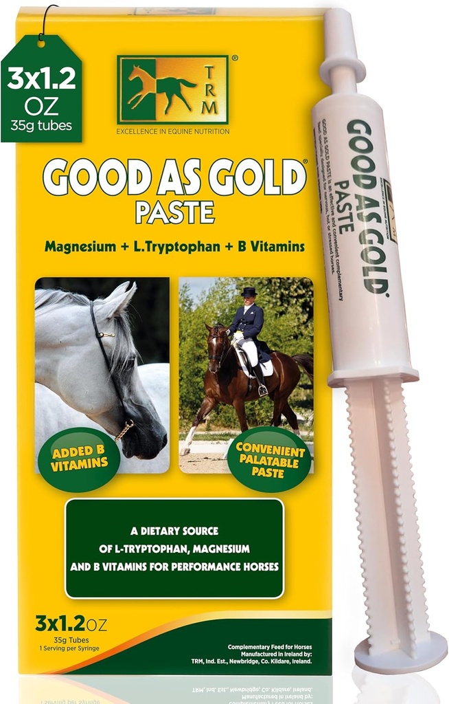 TRM God som gull equine beroligende kosttilskudd lim inn for avslapning og fokus | Tryptophan, magnesium, B vitaminer - 3 Qty x 1,23 oz (3 Qty x 35g) - 3 Qty x 1,23 oz