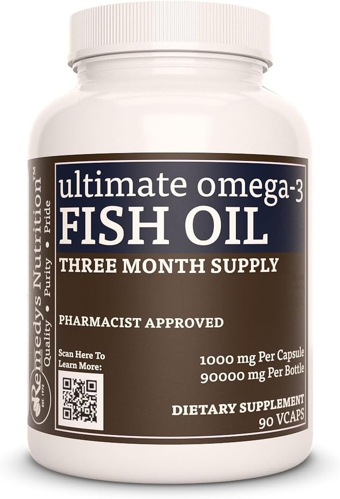 Remedys ernæring Ultimate Omega-3 fiskeolje | 1000 mg, 90 Softgels kosttilskudd | 3 måneders forsyning | EPA, DHA, GLA, ALA, & LA fettsyrer