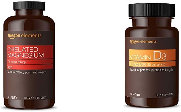 Elementer Chelated Magnesium Glycinat (240 tabletter) og vitamin D3 (180 Softgels)