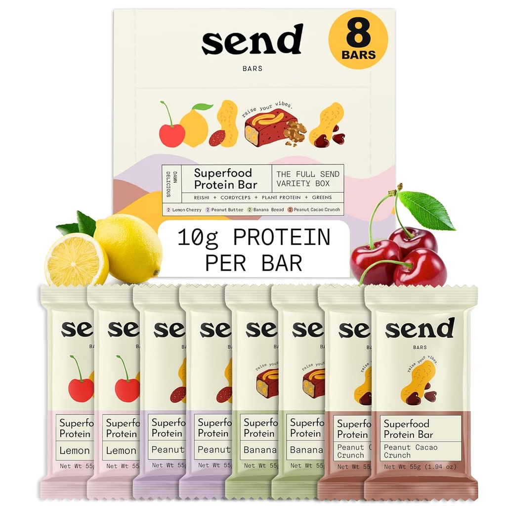Send Bars Plantebaserte Vegan sunne proteinbarer, med grønn (Variety Pack, 8 Bars) - Bare ekte ingredienser, Zero tilsatt sukker, Glutenfri, Dairy-Free