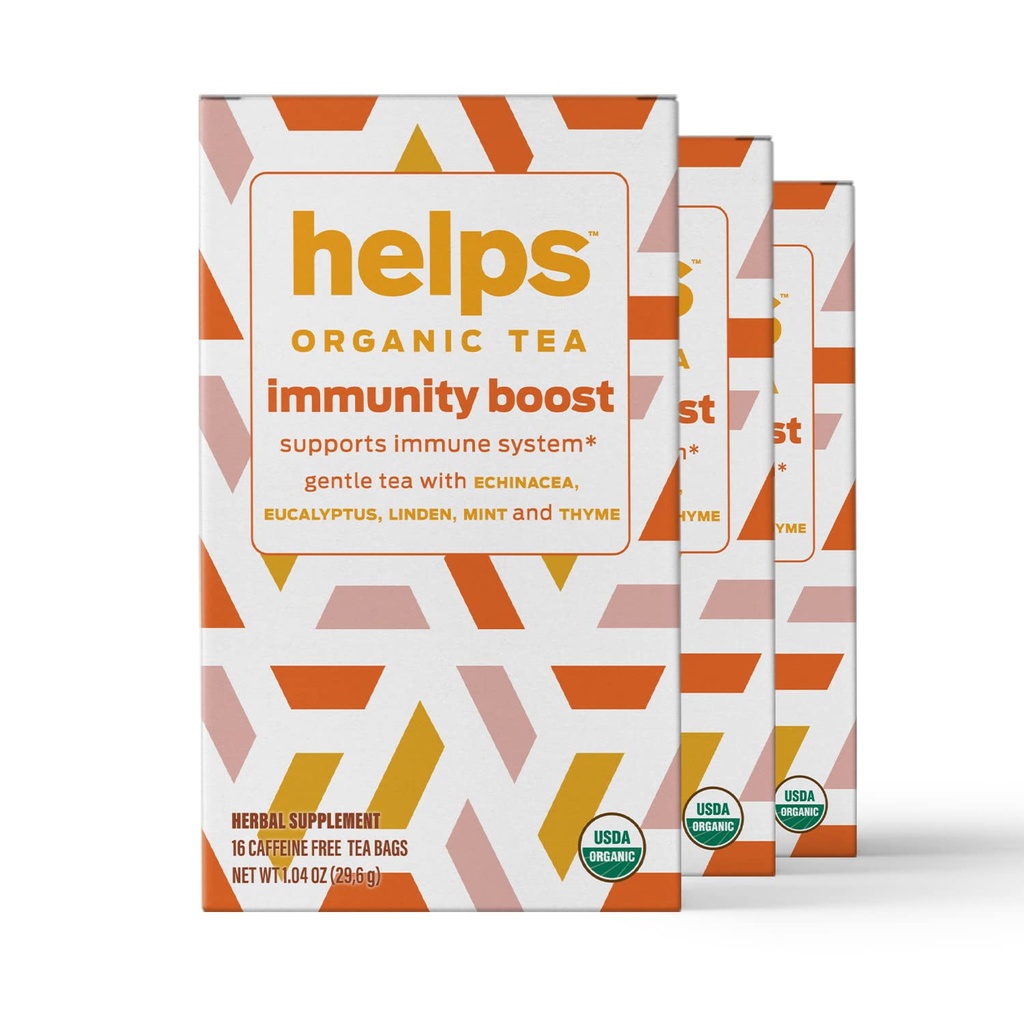 HELPS TEAS | Hjelper immunitet Boost Tea | Økologisk urteblanding av Echinacea, Eucalyptus, Mint, Linden, Thyme og Natural Honning Flavor. Faciliterer pustende helse | 16 teposer - Pakke med 3 |