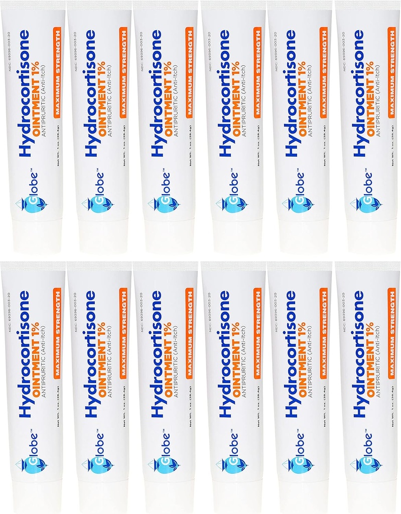 Globe Hydrokortison 1% Maks styrke gjennomsiktig ointment 1 oz | Anti-kysk ovn for rødhet, hevelse, kløe, utslett, dermatitt, Bug/Mosquito Bites, Eczema, hemorroider og mer (12 Pack)