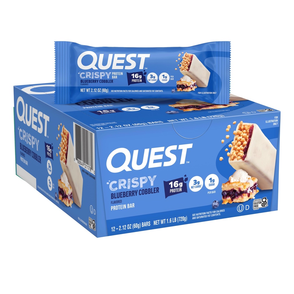 Quest Nutrition Crispy Blåbær Cobbler Hero Protein Bar, 16g Protein, 1g Sukker, 3g Net Carb, Glutenfri Protein Snack, Keto Vennlig, 12 Count