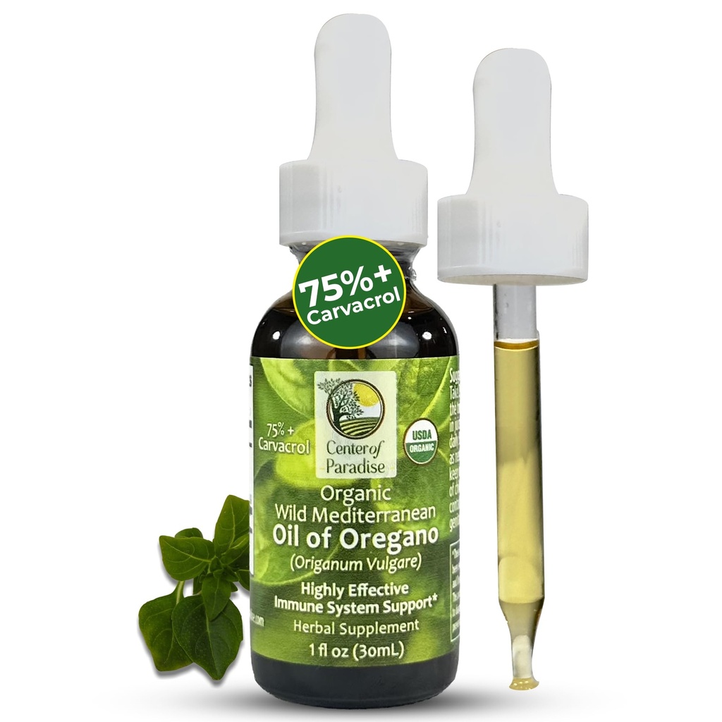 Senter of Paradise Wild Fra middelhavsområdet Olje av Oregano med 75 %+ Carvacrol (1 fl oz) Certifisert Oregano olje organiske dråper i Extra Virgin Olive Oil for Immun * & Respiratory* Støtte, Ca 450 Serveringer