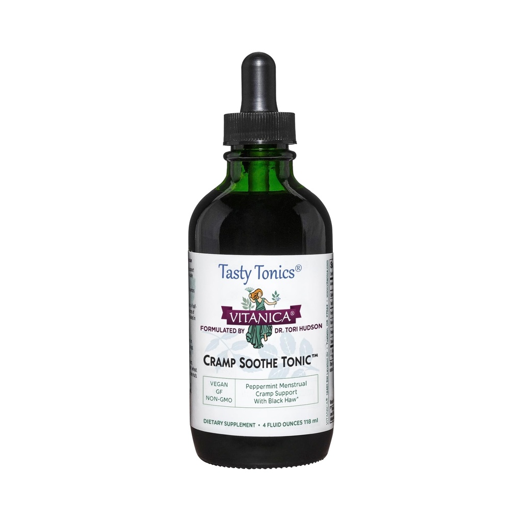 Vitanica Cramp Soothe Tonic, Dr Formulert Menstruell Cramp Support, med svart haw Bark, Valerian Root, Ginger Root, og Garrya Herb, alkoholfri, Vegansk, 4 Ounce