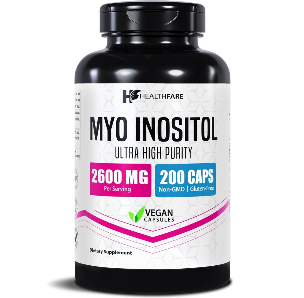 Healthfare Myo Inositol Supplement, 2600 mg | 200 Veg Kapsler | Ultra Styrke | Sunn ovarian støtte for kvinner | Vitamin B8 for kvinner