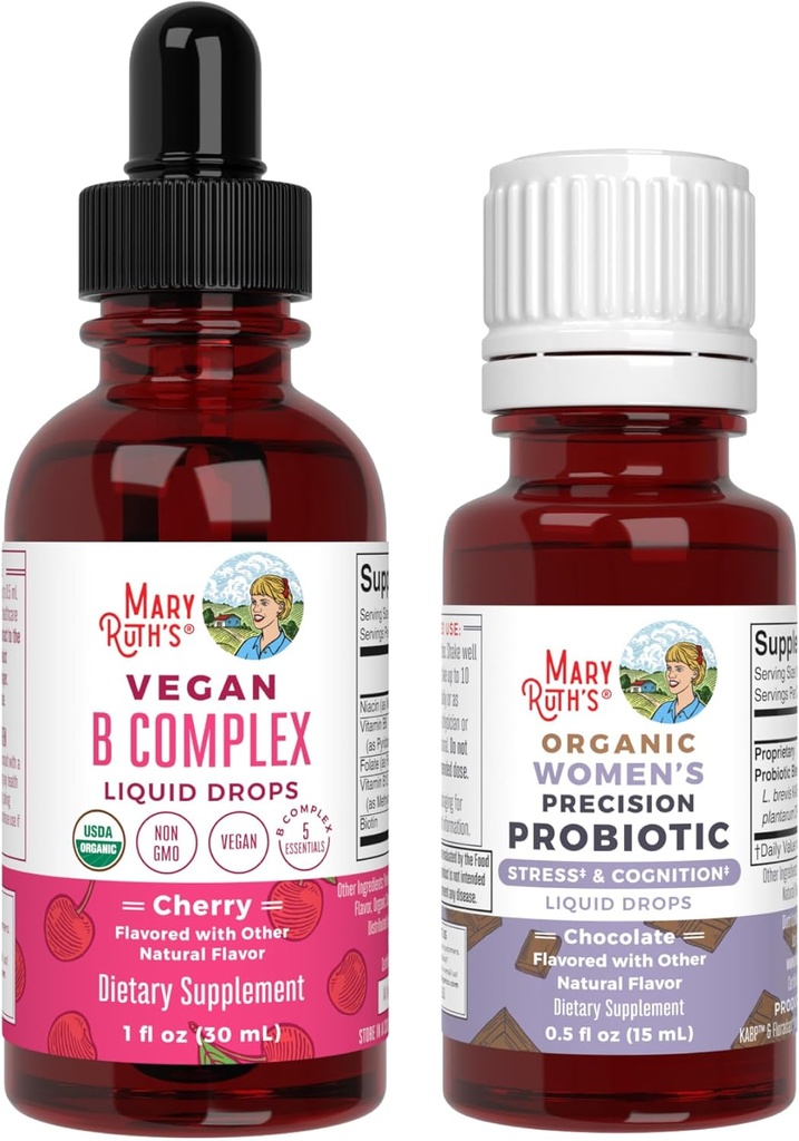 MaryRuth Organics Stress & Cognition Probiotic (Chokolate) for kvinner og B komplekse dråper | USDA organiske, ren etikett prosjekt verifisert | Vitaminer for relaxering, metabolisme, og helse | Vegan, Gluten