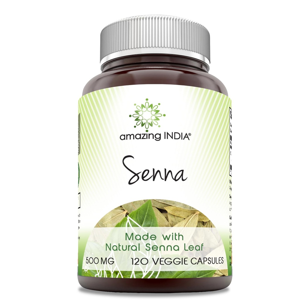 Amazing India Senna (Made med naturlig Senna) 500 Mg per servering 120 Veggie kapsler Supplement | Ikke-GMO | Glutefri