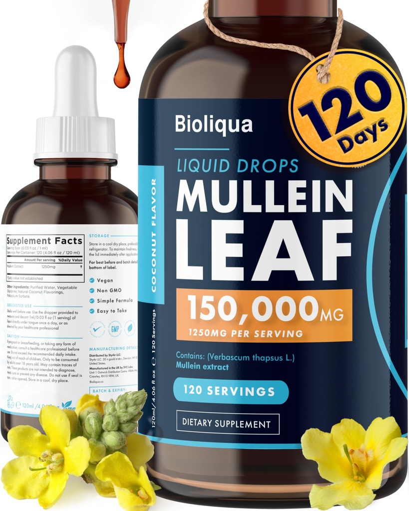 Bioliqua Mullein Drops for Lungs - høy styrke på 150 000mg per 4fl oz Tinktur - 120 Serveringer på 1 250mg per dose - Lung Detox & Bronchial Cleanse - Coconut Flavour