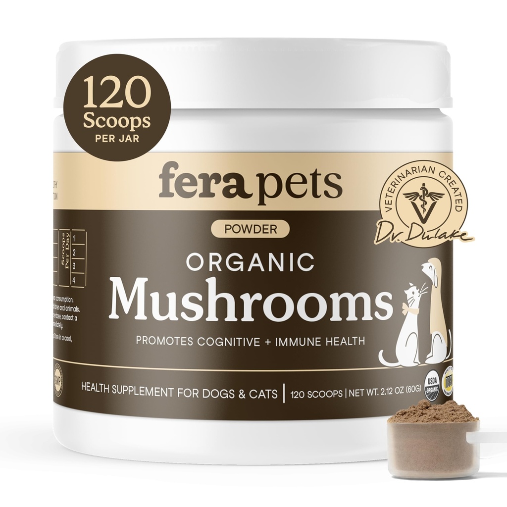Fera Kjæledyr Mushroom Supplement for hunder og katter med Tyrkia Tail - USDA Organic - Kognitiv og immun støtte - forbedrer leverfunksjon - støtter en sunn gut - pulver - 120 Scoops