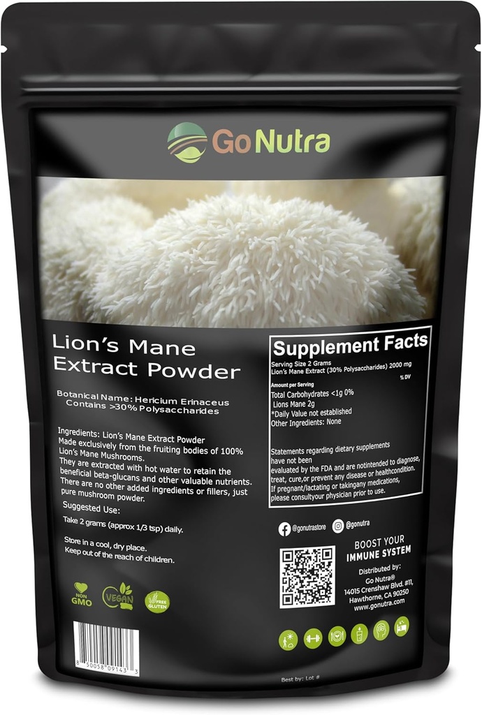 Go Nutra - Lion's Mane Powder, Potent 10:1 Lion's Mane Mushroom Powder med 30% Polysaccharides, Pure Lion's Mane Extract for te, juice, vann, og mer, Ikke-GMO, Vegan, 8 oz