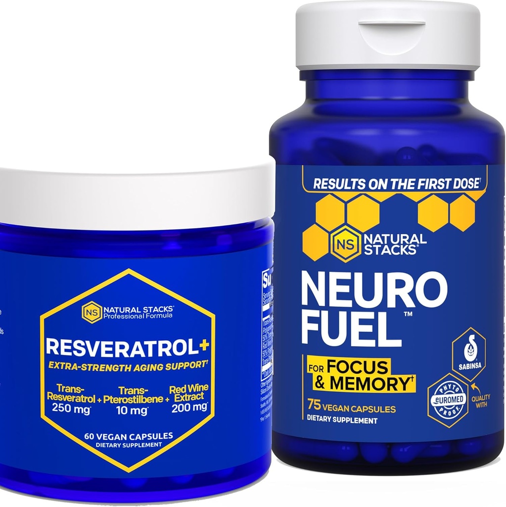 NATURAL STACKS NeuroFuel & Resveratrol+ Supplement Bundle - Støtter fokus, hukommelse og sunn hjerne aldring* - 135 kapsler