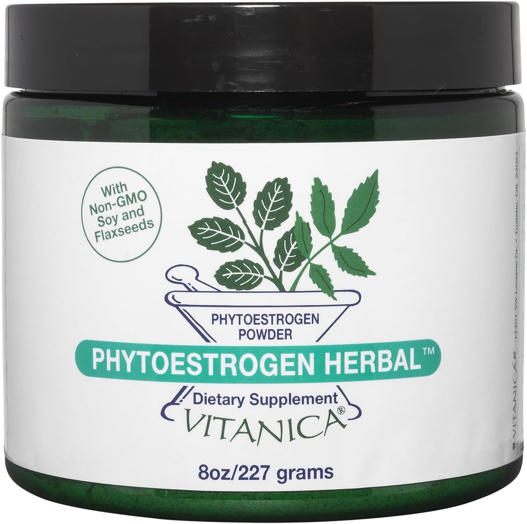 Vitanica Phytoestrogen Herbal Non-GMO PMS, Menopause Relief Supplement for kvinner, Hormon Balance, Natt Sweats & Hot Flash Relief, Soya Isoflavoner, Vegan, Powder 8 Oz (Phytoestrogen Herbal Pro Logo)
