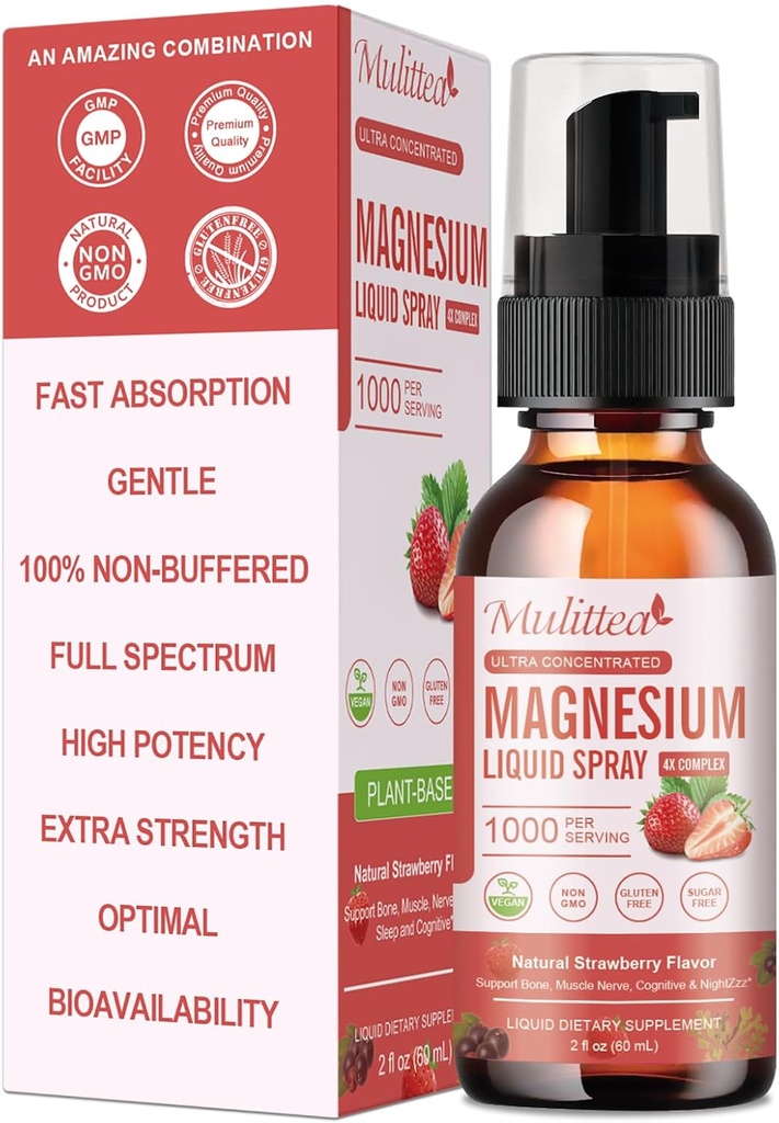 Magnesium Glycinat flytende spray med Citrat, Oxid & Malat, Magnesium med hele vitamin, L-Teanin, D3K2, B6 for hjerte, ben Cramps,Muskler & Energy-Sugar-Free Jordbær Flavor, 2 Fl Oz