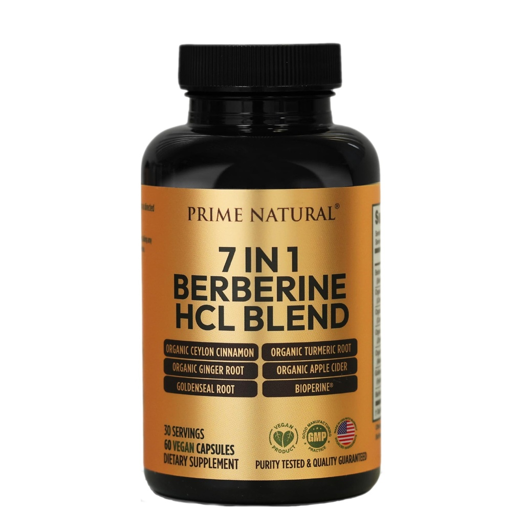 PRIME NATURAL Berberine HCl 600mg Økologisk Ceylon Cinnamon 400mg Økologisk Turmerisk 200mg organisk Ginger 130mg organisk Apple Cider Vinegar 65mg Goldenseal Root 6.5mg Bioperin 3mg ® 60 kapsler