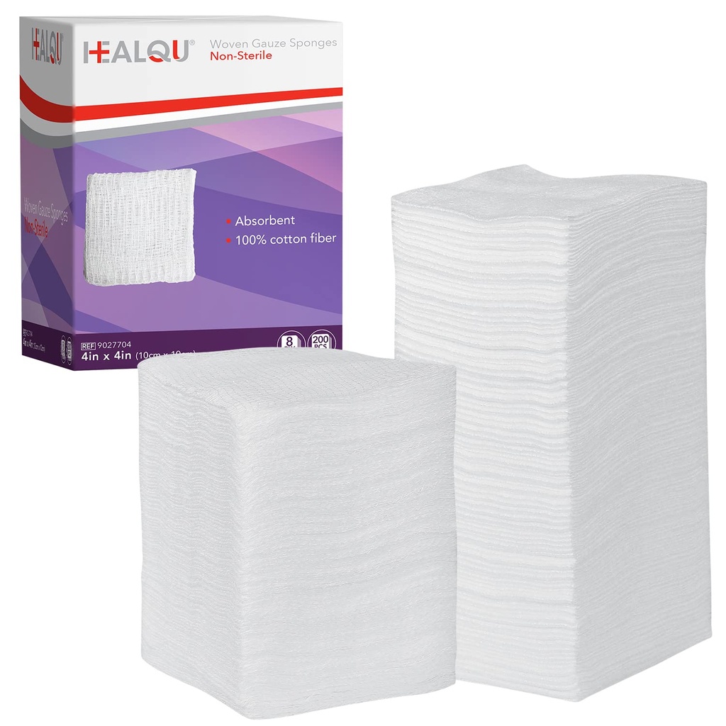 HEALQU 4x4 Gauze Pads - 12 Ply Woven Pack på 200 - Ultra Absorbent Myk ikke-sterile kirurgiske slanger for sårkledning, debridering, rengjøring og prepping