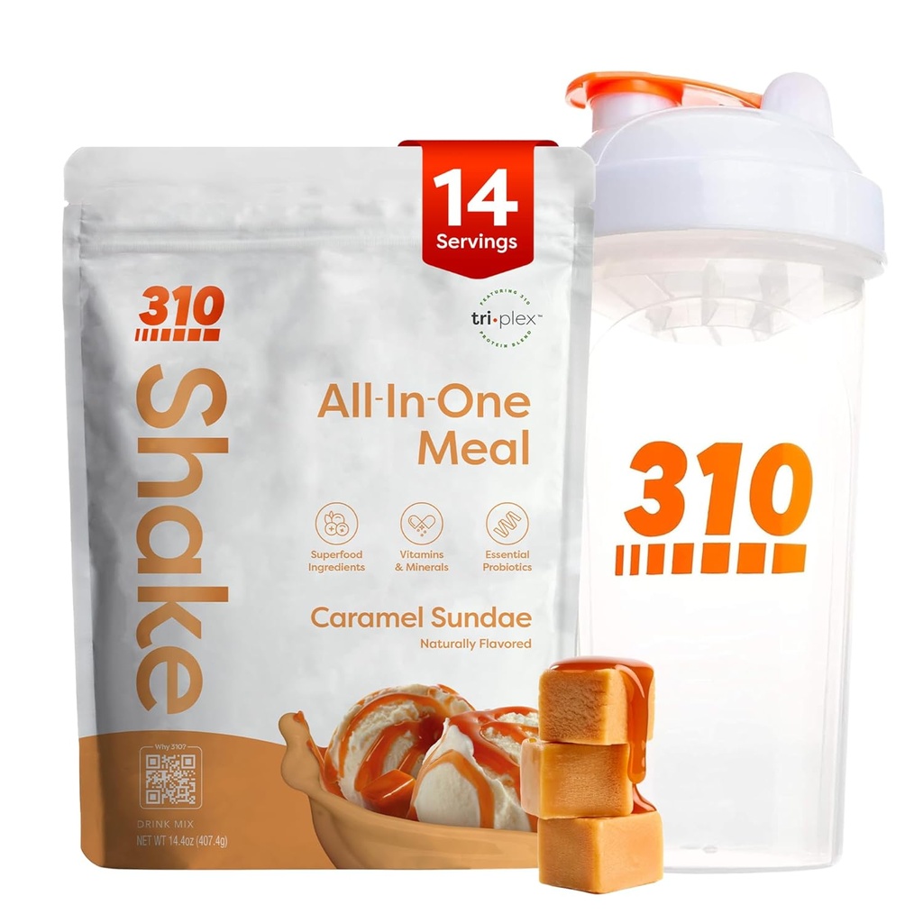310 Ernæring Alle-i-ett måltid Erstatning Shake Powder m/Shaker Cup Starter Kit - høy protein Fiber Rich Vegansk Superfood Blend - Sukkerfri, Keto & Paleo Vennlig, Lav carb - Caramel Sundae 14 srv