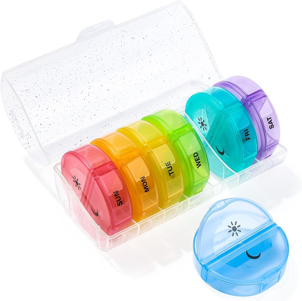 Sukuos Stor ukentlig pilleorganisator 2 ganger om dagen, daglig pille boks 7 dager lett å åpne med dobbel beskyttelse, PM pille tilfelle for medisin /vitamin / fish olje / supplements (Glitter Clear)