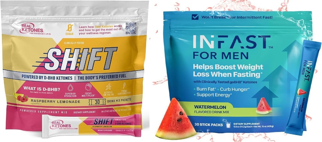 Ekte ketoner Intermittent Fastende Drikke Blande Bundle for vekttap støtte bringebær sitron Shift Electrolytes & Intermittent Fasting Electrolytes for menn med BHB eksogene ketoner (30 greve hver)