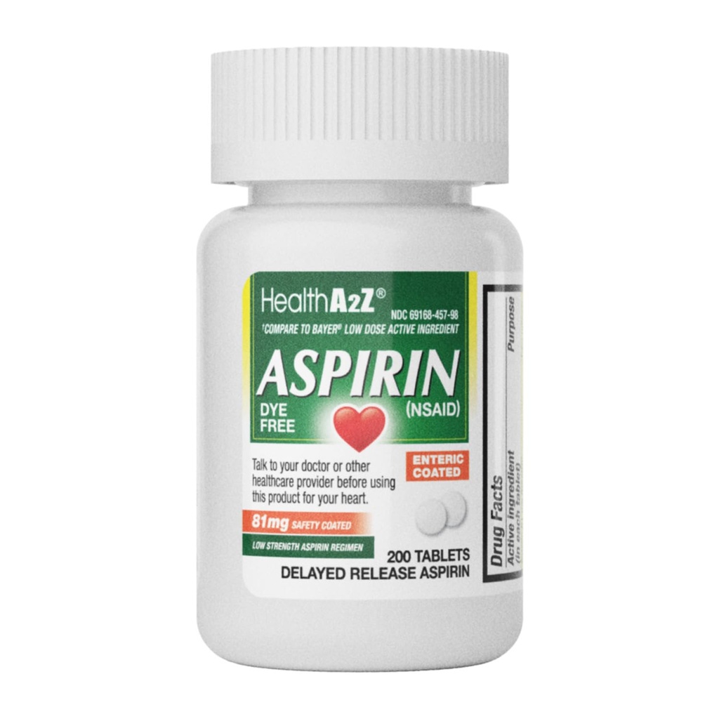 HealthA2Z® Aspirin 81 mg | DYE Gratis | Lav styrke | 200 teller | Pain Relief | Reduserer mindre akser muskelsmerter og kramper | Feber Reduserer hodepine | (NSAID)