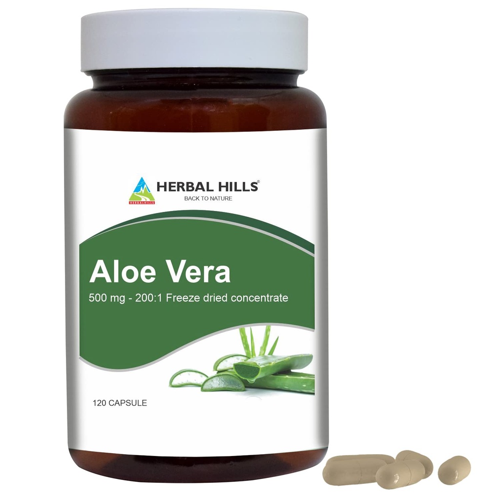 HERBAL HILLS Aloe Vera Capsules (Aloe barbadensis) | 120 Capsules (500 mg) | Pure Aloe Freeze tørket pulvertilskudd, høy konsentrasjon, støtter total velvære