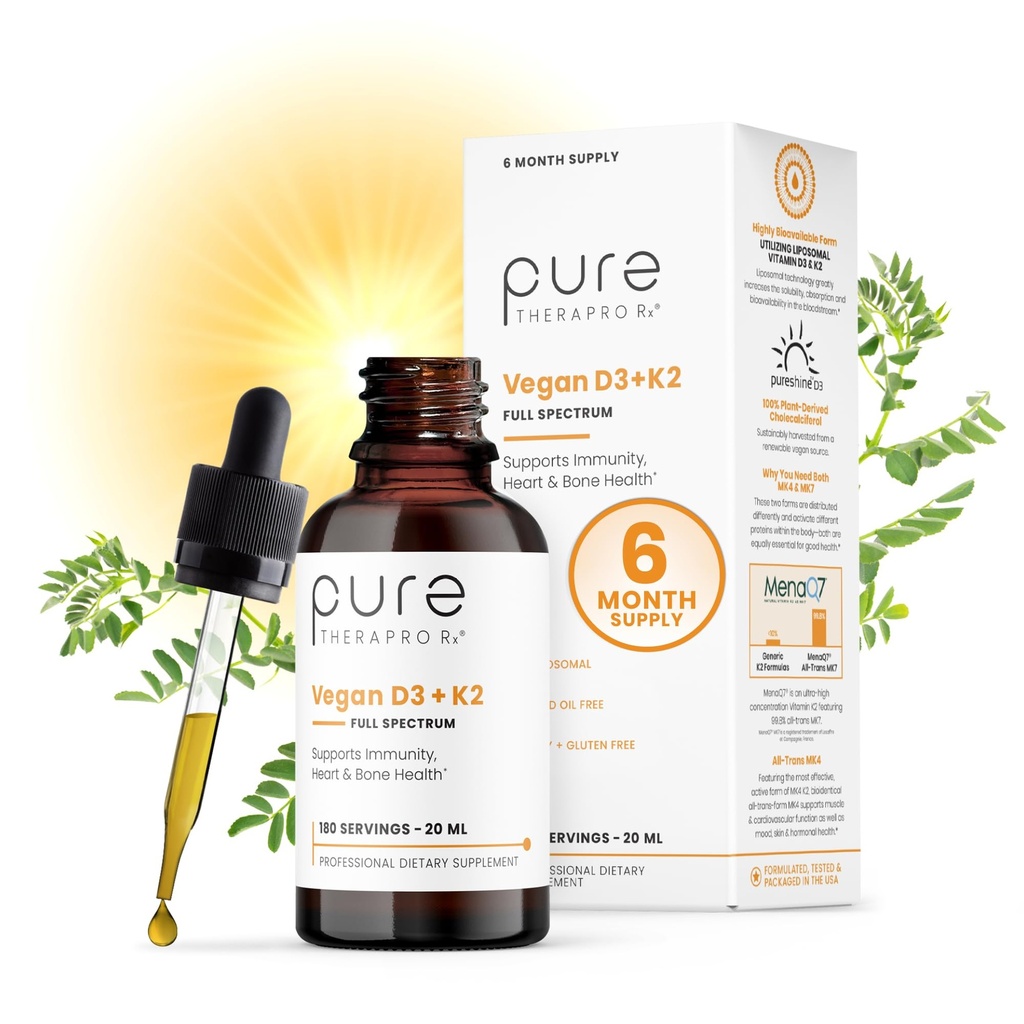 Pure Therapro Rx Vegan D3 + K2 Økologisk 100% Liposomal 20 ml laget i USA | 6 måneders forsyning | Maksimal absorpsjon vitamin D3 og vitamin K2 kosttilskudd for menn og kvinner, D3 vitamin 5000 IE