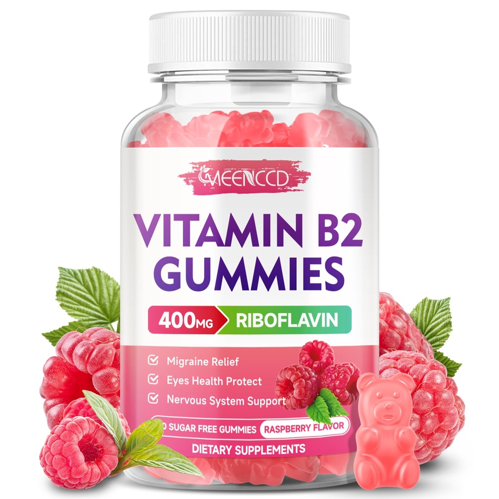Vitamin B2 Gummies Riboflavin 400mg Supplement med magnesium for barn og voksne, B2 Gummies for megrain lindring og nervesystem støtte, vegansk, sukkerfri, bringebær flavor, 60 Count