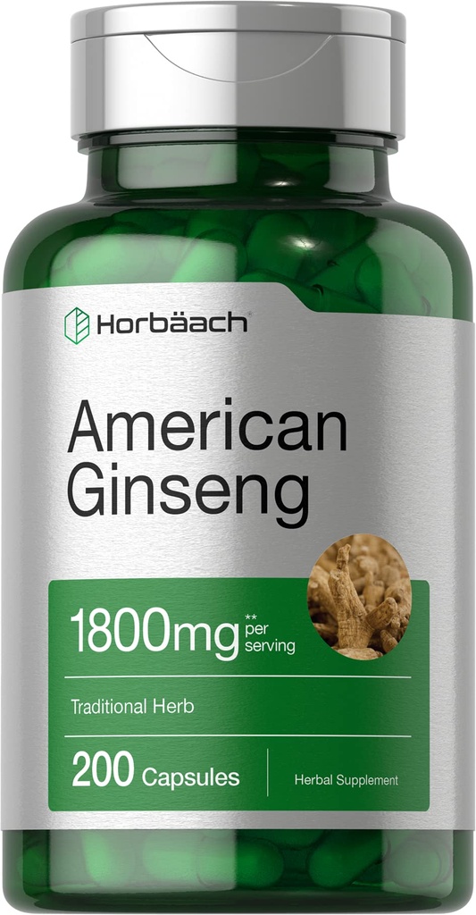 Horbäach Amerikansk Ginseng Kapsler | 1800 mg | 200 greve | Ikke-GMO, Glutenfri Supplement | Ginseng Root Extract Complex