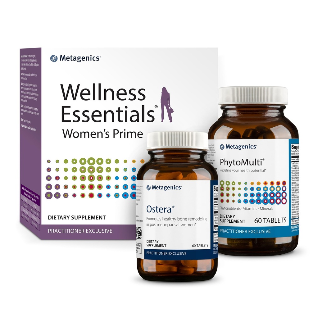 Metagenics Ostera - 60 tabletter, PhytoMulti uten jern - 60 tabletter, og velvære Essentials kvinners Prime - 30 greve