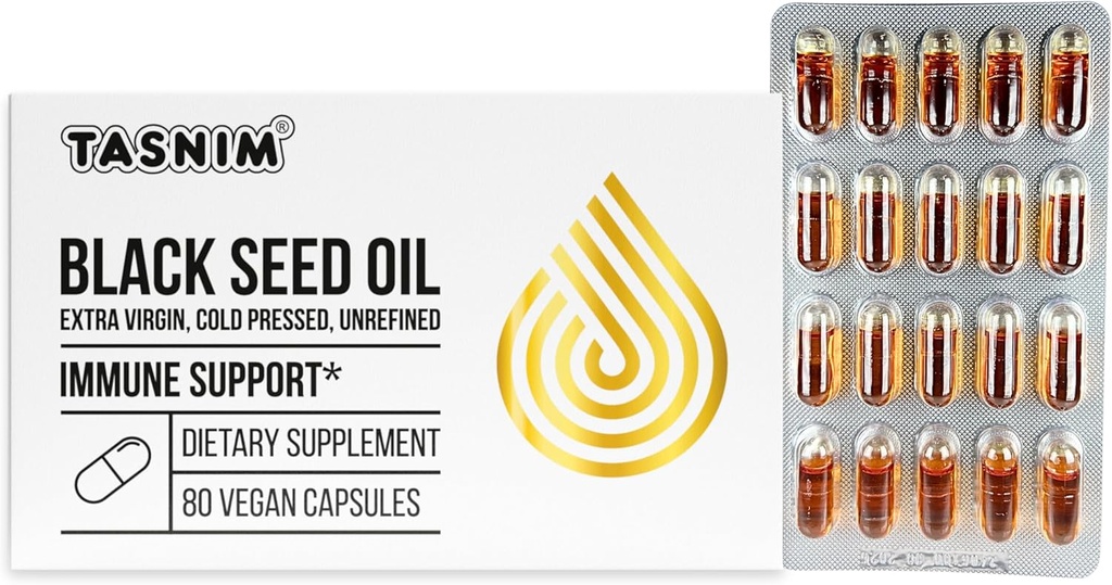 Tasnim Black Seed Oil Organic Cold Pressed Capsules 100% ren kaldpresset svart cumin Seed Oil Nigella Sativa for immun støtte, felles komfort og vitalitet