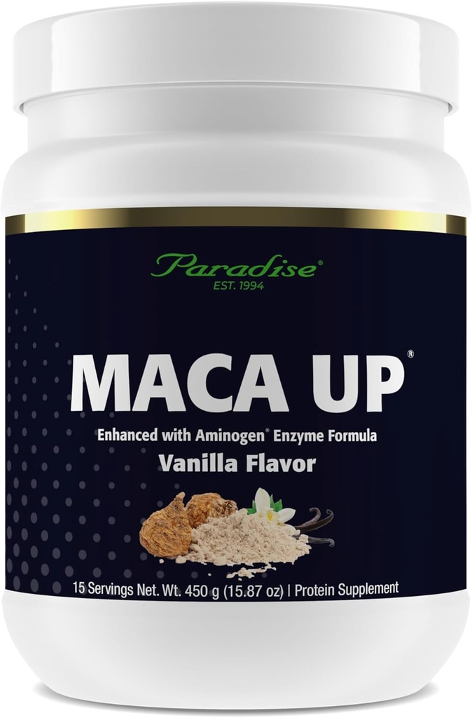 Paradise urter Maca Up Vanilla Vegansk Protein pulver, organisk pea & brun ris, Maca Root, Aminogen Digestiv Enzyme blanding, Nutrim Oat Bran Fiber, 15 Servering, 450 g