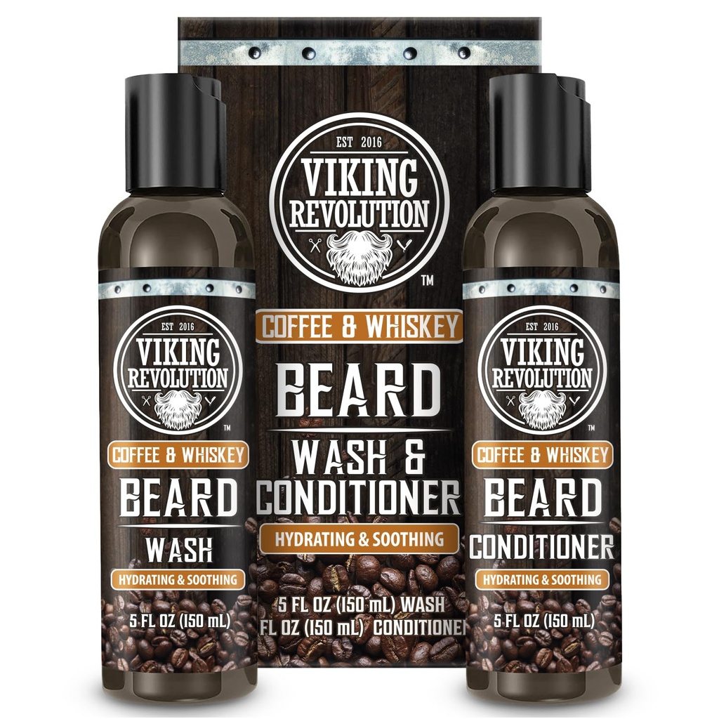 Vikingrevolusjon Skjortevask og Beard balsam for menn med Argan Olje og Jojoba Olje- Beard Softener og styrke Beard Care Skjegg Shampoo og balsam med Ginseng Root(5oz, kaffe Whiskey)