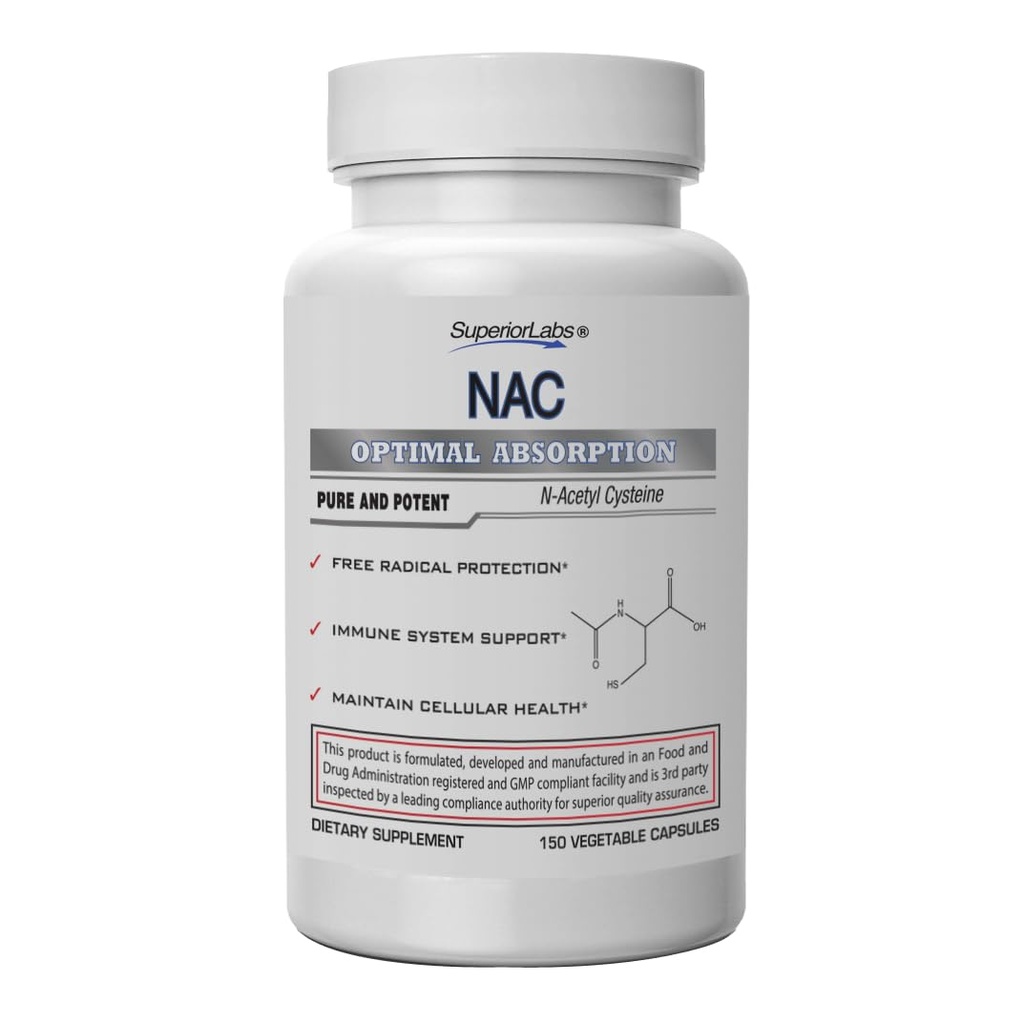 Superior Labs NAC (N-Acetyl Cysteine) 1200 mg, 150 grønnsaker kapsler, kosttilskudd med selen, gratis radikal beskyttelse, normal immunsystemfunksjon, opprettholder cellulære helse
