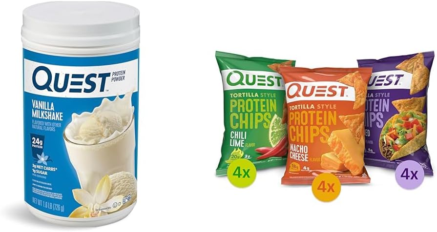 Quest Protein Powder & Chips Bundle - Vanilla Milkshake pulver (24g Protein, 1.6lb) + Tortilla Chips Variety Pack (12ct)