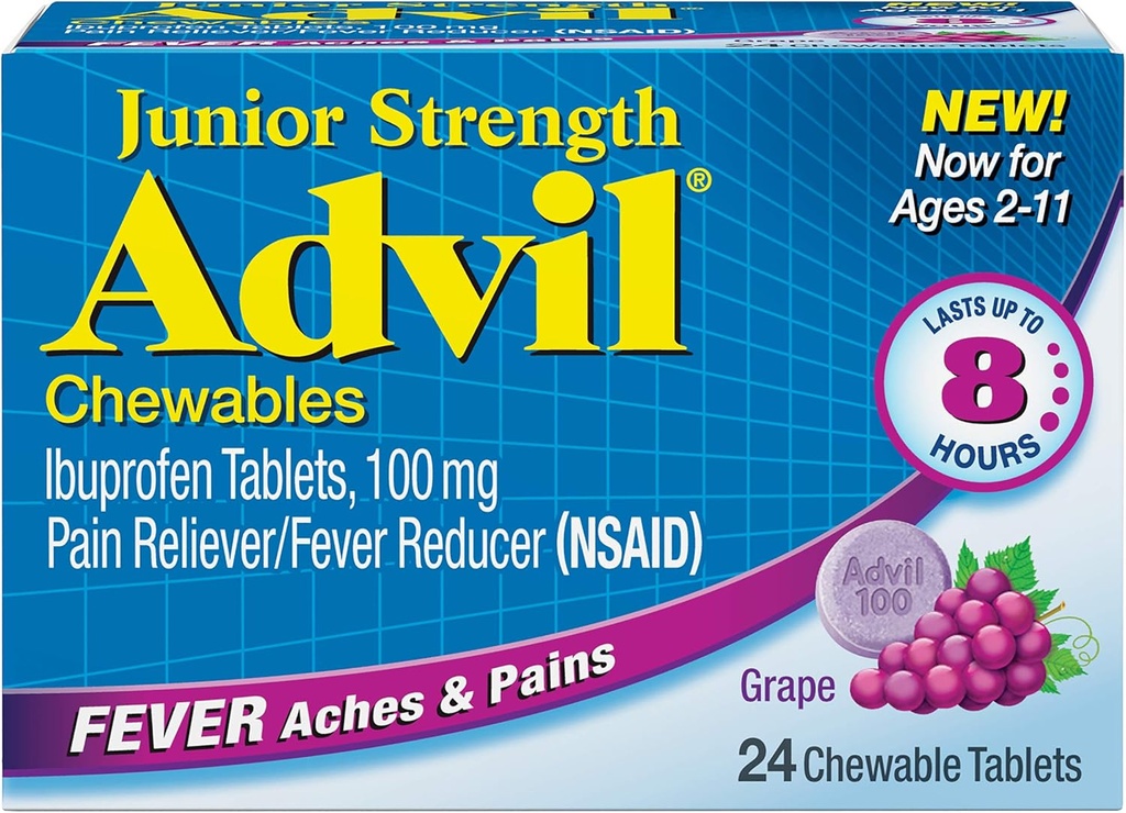 Advil Junior Chewable Ibuprofen tabletter, Grape 100 mg, 24 tabletter hver (pakke med 6)