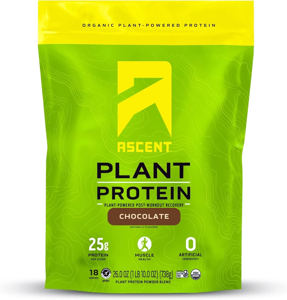 Ascent Plant Basert Protein Powder - Ikke Dairy Vegan Protein, Null Kunstige ingredienser, Soya & Glutenfri, Ingen tilsatt sukker, 4g BCAA, 2g Leucine - Sjokolade, 18 Serveringer