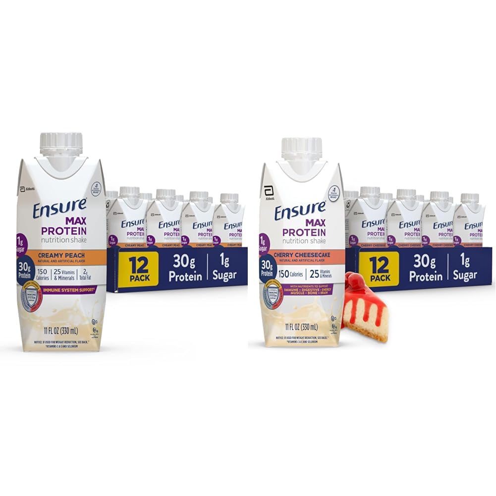 Sørg for Max Protein Ernæringshake med 30g Protein, 1g Sukker, høyproteinshake, kremet fersken og Cherry Cherry Cheesecake Variety Pack, 11 floz, Pakke med 12