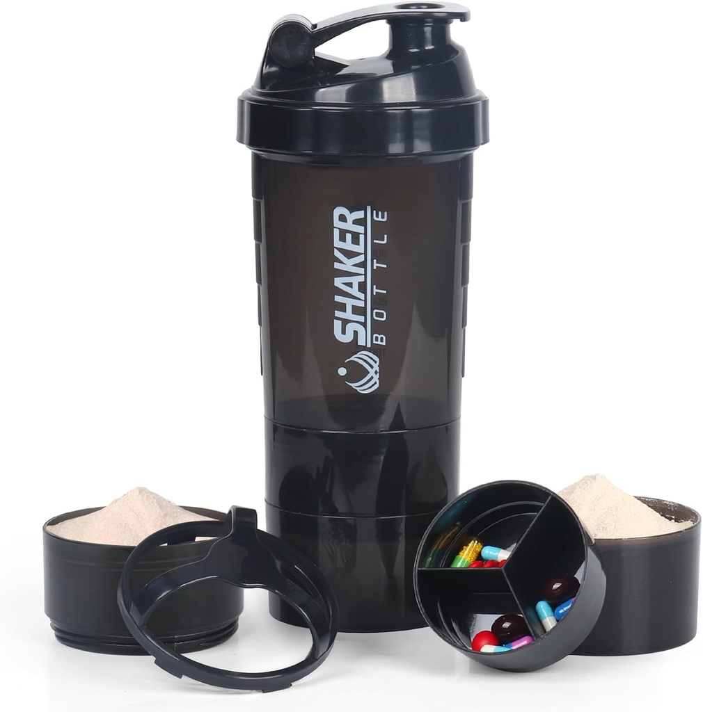 VECH Shaker Flasker for Proteinmikser Workout Shaker Leak Proof Vannflaske Ikke Slip 3 Layer Twist Off 3 OZ med pilleskuff for lagring Protein pulvershake flaske 16 OZ Shake Cup (svart)