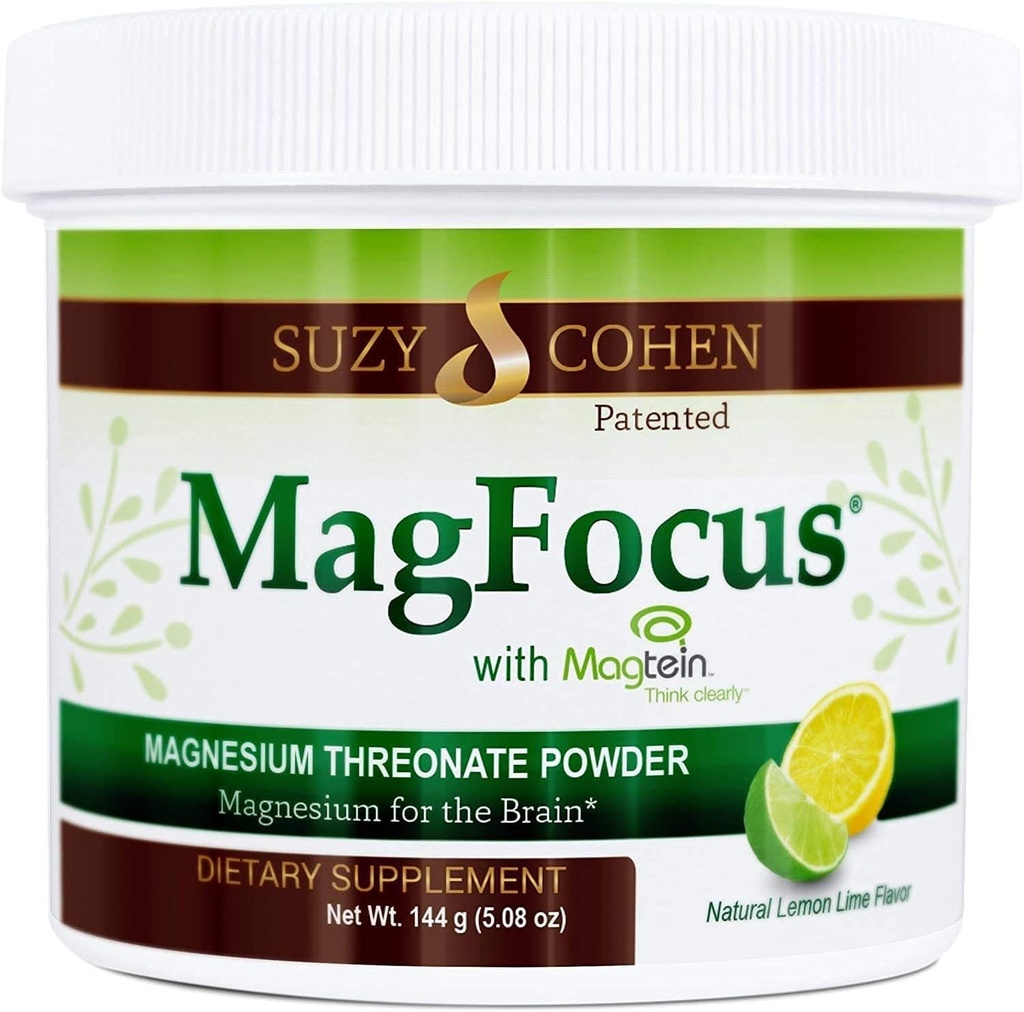 Suzy Cohen MagFocus Magnesium Threonate pulver kosttilskudd 200 mg, sunn nerve, støtte kognisjon, energi, bein helse, Stevia, sitron flavor, 60 serveringer