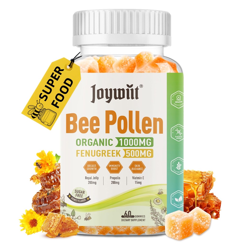 Bee Pollen 1000mg Sukkerfri Gummies, w/Fenugreek, Royal Jelly, Propolis, Økologisk Bee Pollen Chewable Supplement for kvinner, rik på vitamin E, Immunitet og hudpleie, 60 greve