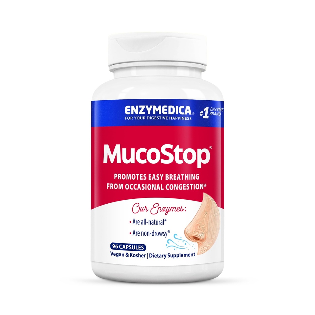 Enzymedica, MucoStop, Naturlig Enzyme Supplement, lindrer sesongal eller noen ganger kongestion, støtter lett puste, 96 teller