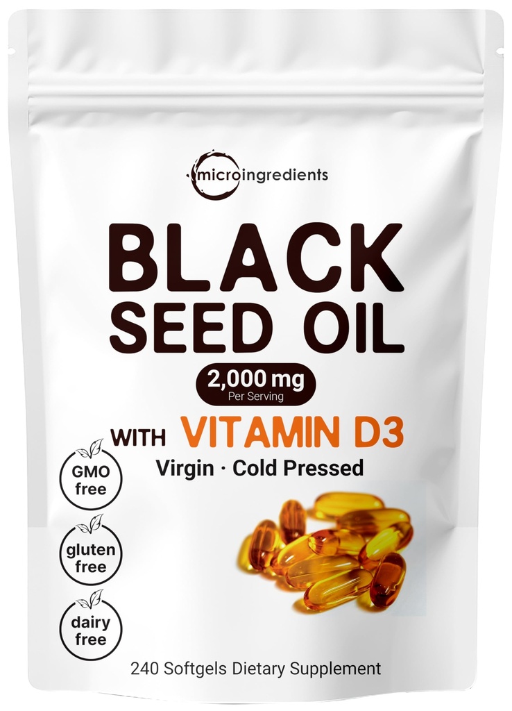 Micro Ingredienser Svart Seed Oil 2000 mg med vitamin D3 1000 IU, 240 Softgels  meget kaldt presset - Nigela Sativa piller fra Egypt, Jomfruolje, Odorless, Non-GMO & No Gluten
