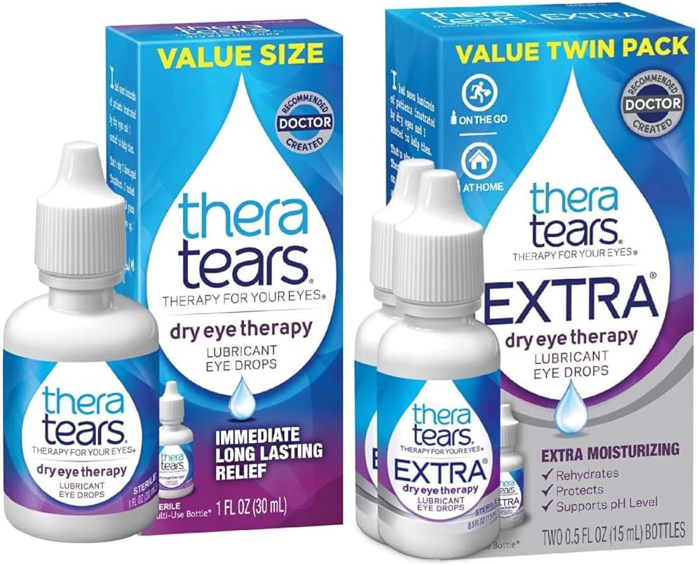 TheraTears tørr øyeterapi Øyedråper for tørre øyne, 1,0 fl Oz og ekstra tørr øye terapi smøremiddel øyedråper for tørre øyne, 0,5 oz flaske, 2 greve (pakke av 1)