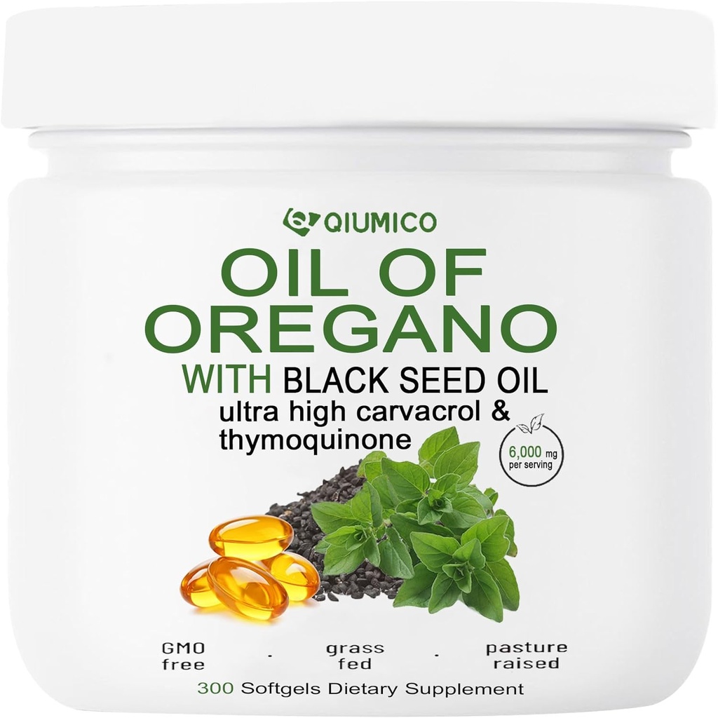 Olje av Oregano med svart frøolje softgels, Oregano oljekapsler organiske, 2 i 1 6000 mg olje av Oregano med svart frøolje 200 mg, 300 greve