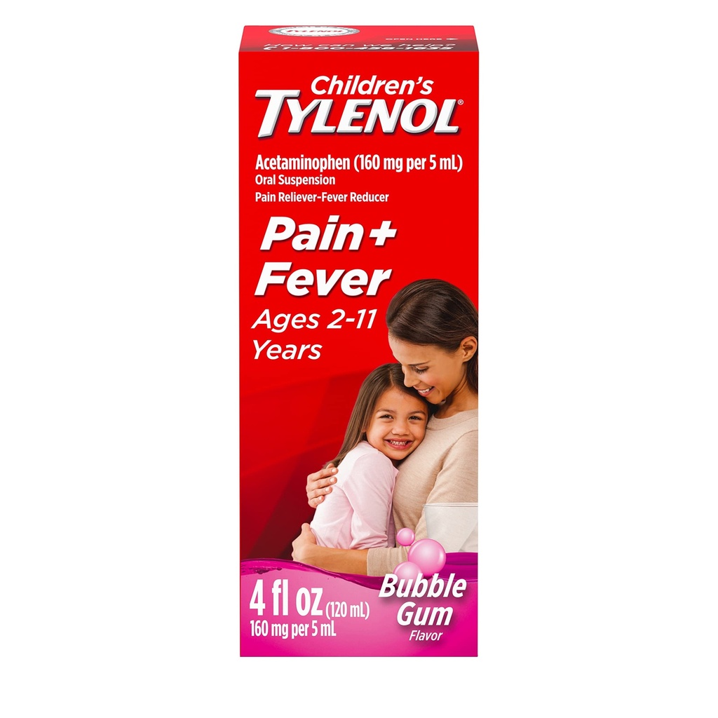 Barnas Tylenol Oral Suspensjon medisin, Kids 'væske medisin smerte Reliever & feber Reduser for kaldt + influensa symptomer, Aspirin-, Ibuprofen- & alkohol-fri, Bubble Gum, 4 fl. oz