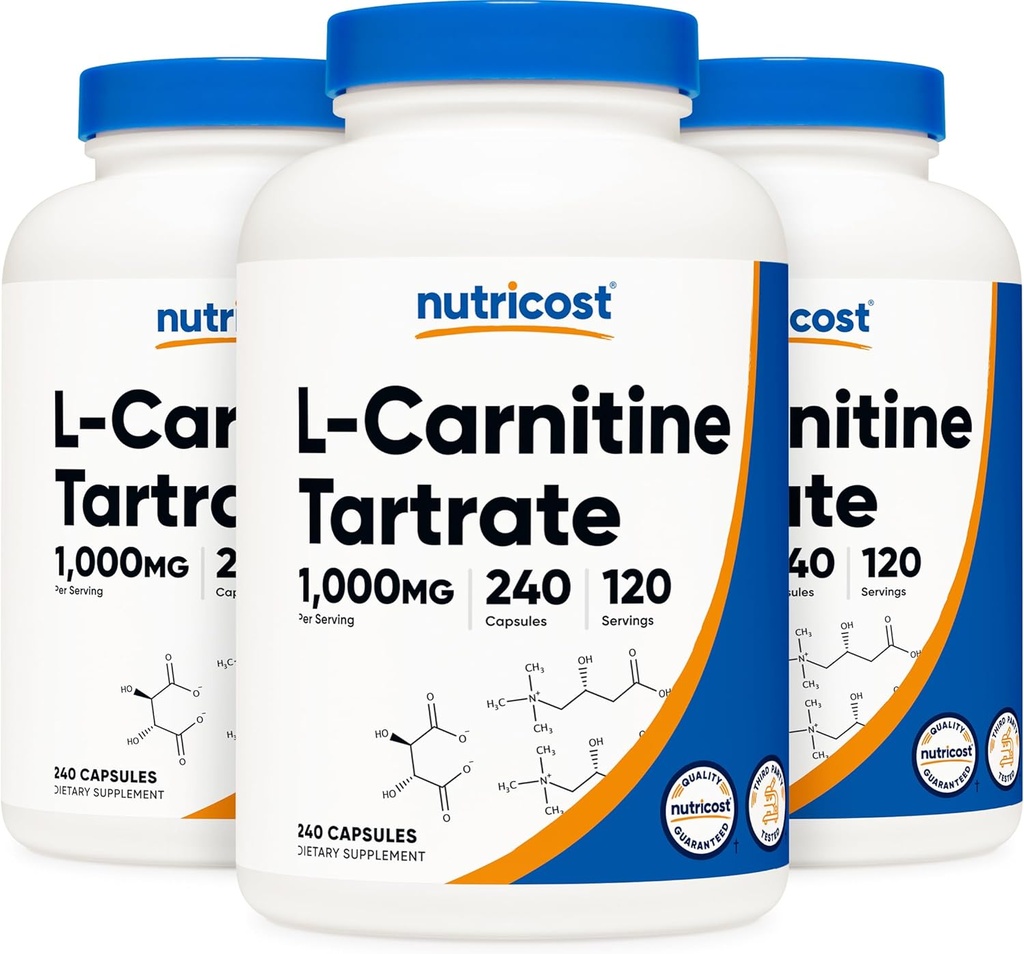 Nutricost L-karnitin tartrat 500 mg, 240 kapsler - 1000mg Per servering (3 flasker)