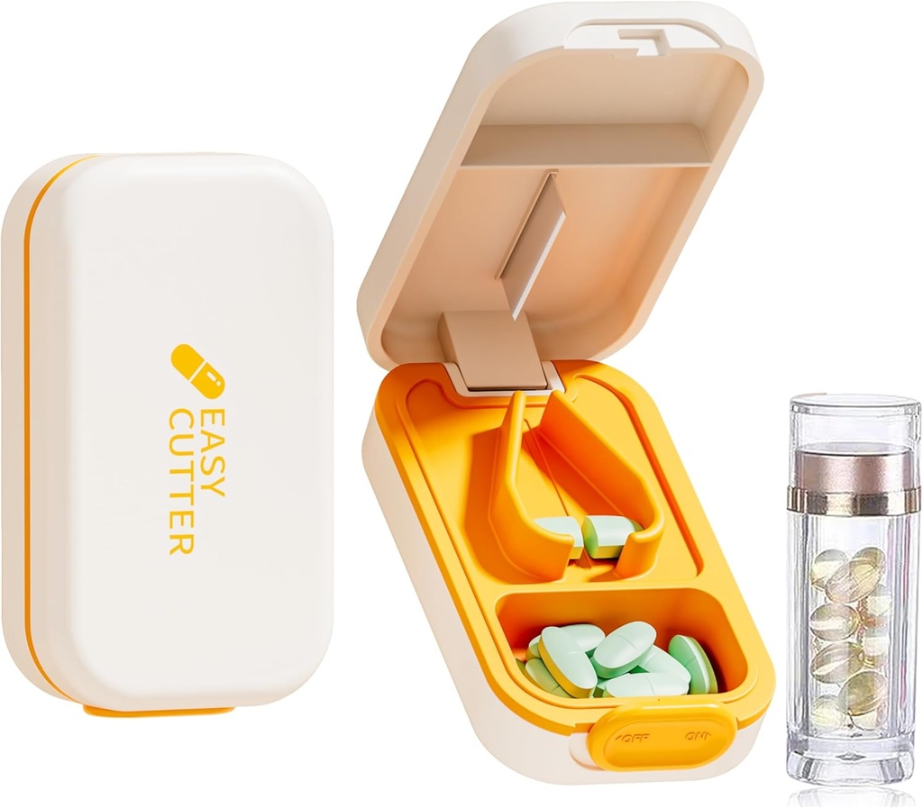 Pill Cutter | Beste Pill Cutter for små eller store piller | Design i USA | Cuts vitaminer | Pill Splitter med krystall Akryl Pill Box